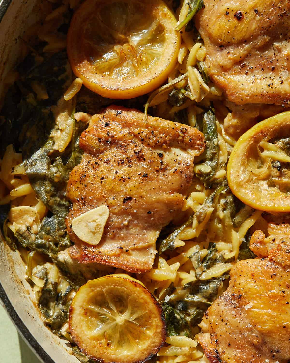 Up close image of lemon chicken and orzo pasta. 