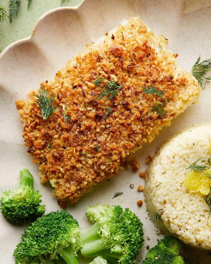 Baked Halibut with Lemon Parmesan Panko Bites with Bri
