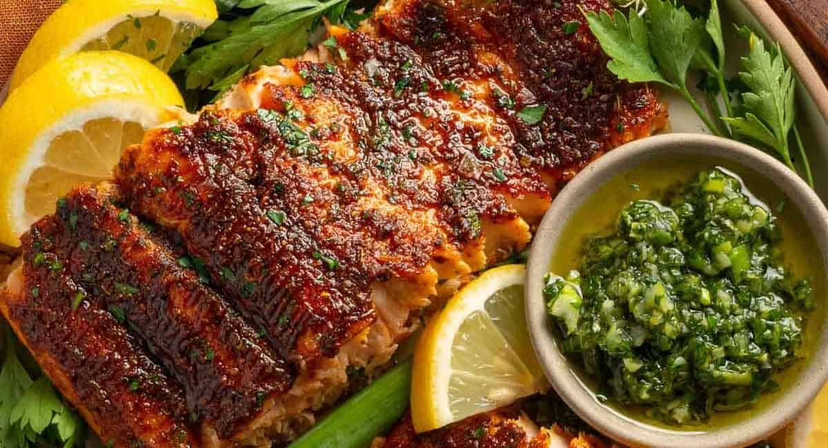 Overhead image of oven baked blackened salmon with garnish. 
