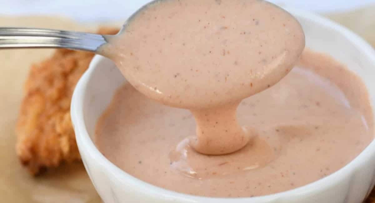 Up close  image of comeback sauce recipe in white dish. 