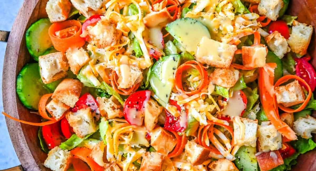 Overhead image of garden salad recipe. 