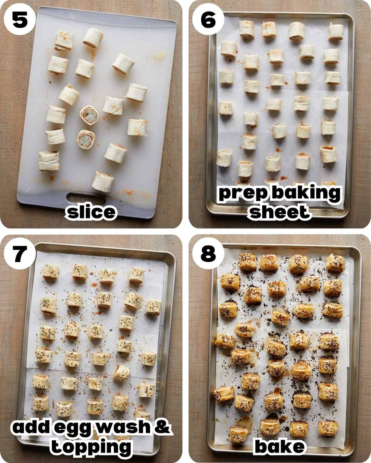 A four photo collage showing the final steps for chicken sausage rolls with puff pastry recipe. 