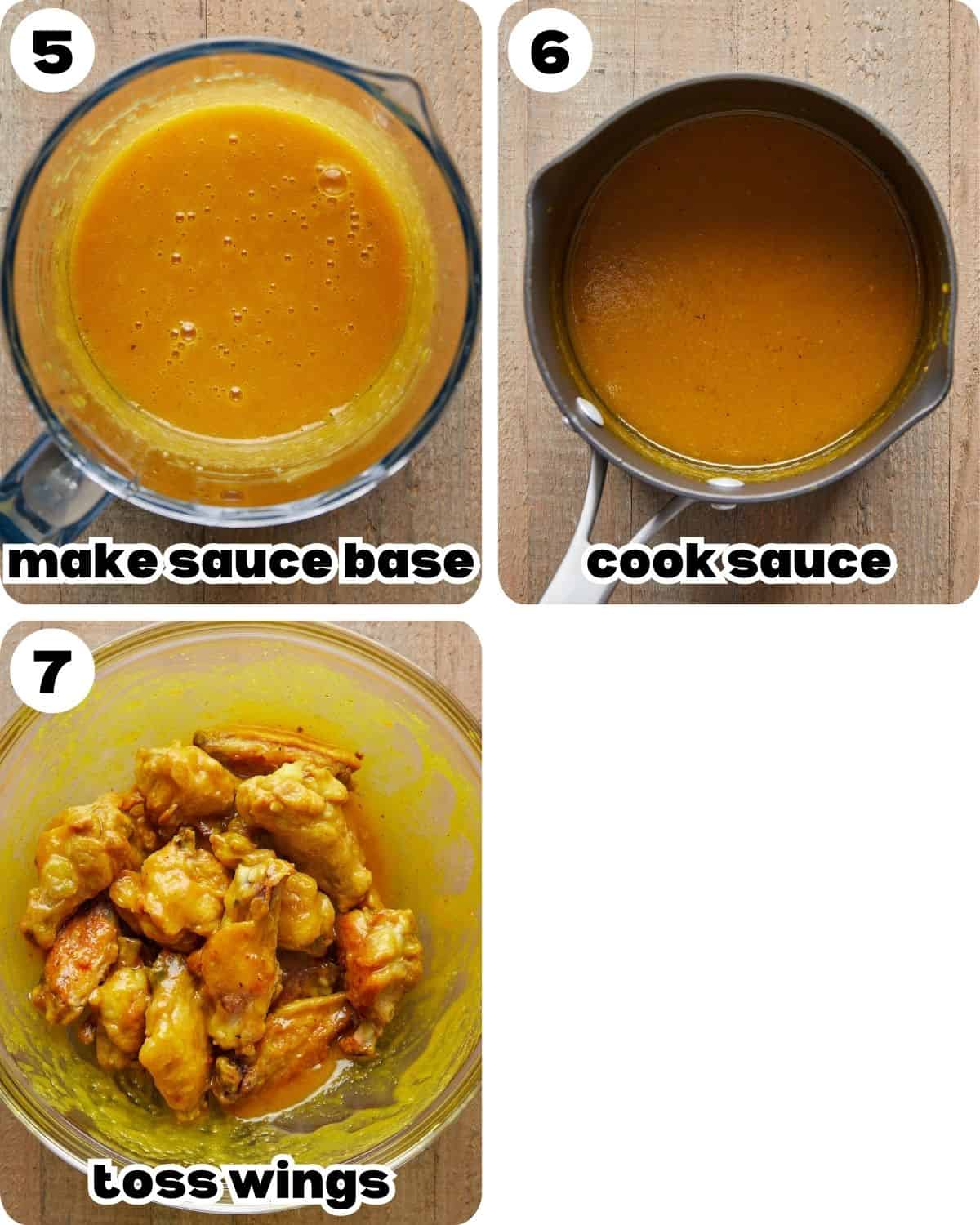 A three image collage showing the final steps for mango habanero wings. 