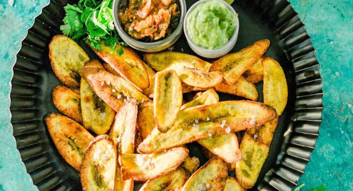 Overhead image of oven baked plantain chips. 