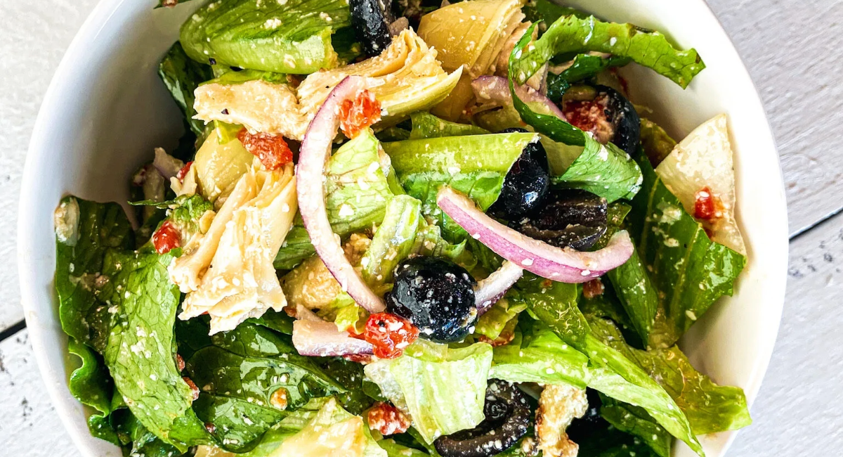 Overhead image of St. Louis pasta house company salad. 