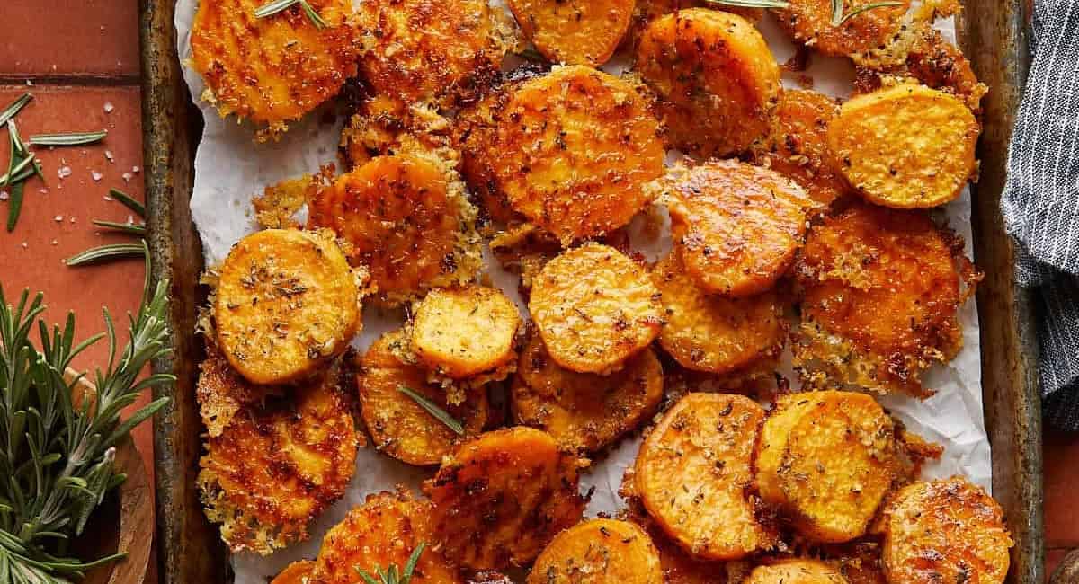 Overhead image of savory sweet potatoes recipe. 