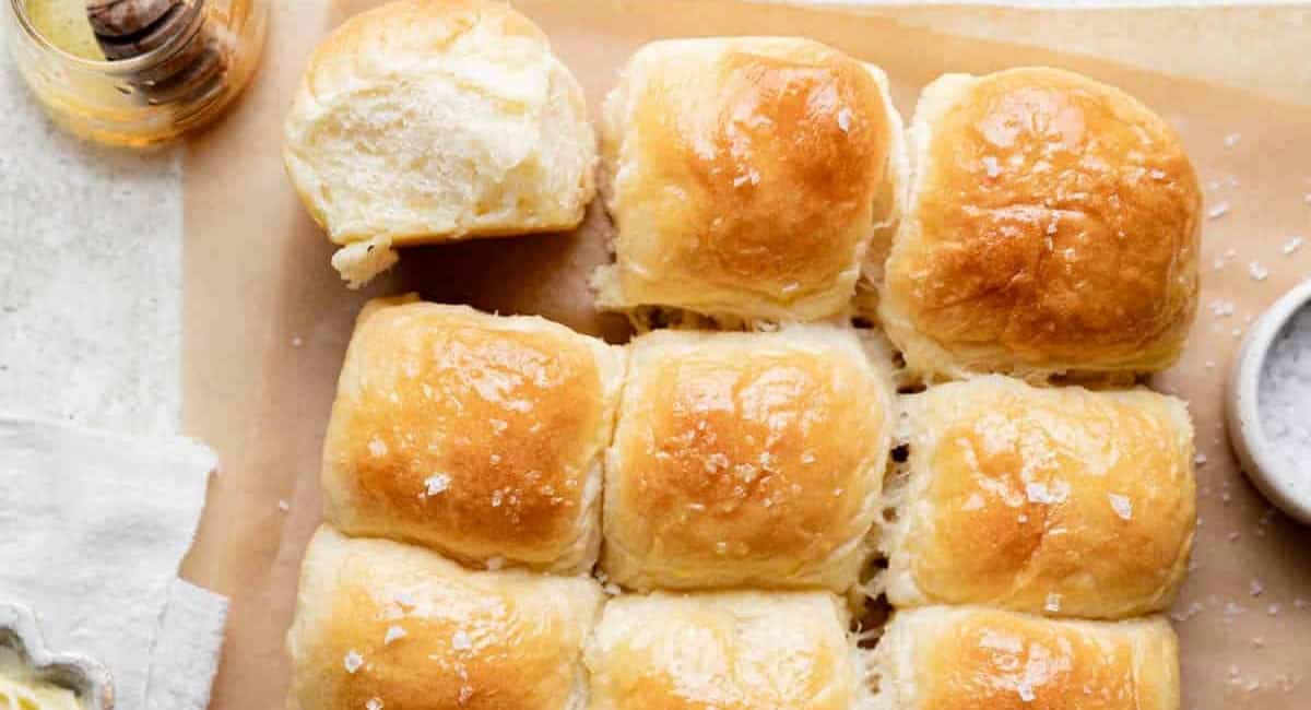 Overhead image of old fashioned yeast rolls.