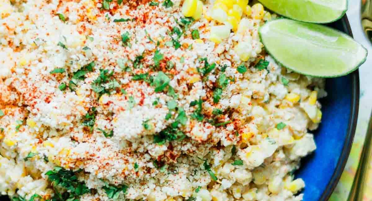 Overhead image of Mexican-style elote salad. 