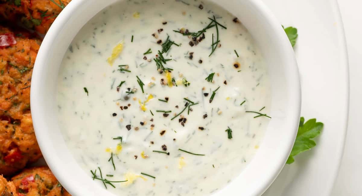 Overhead image of lemon dill creme fraiche dip. 