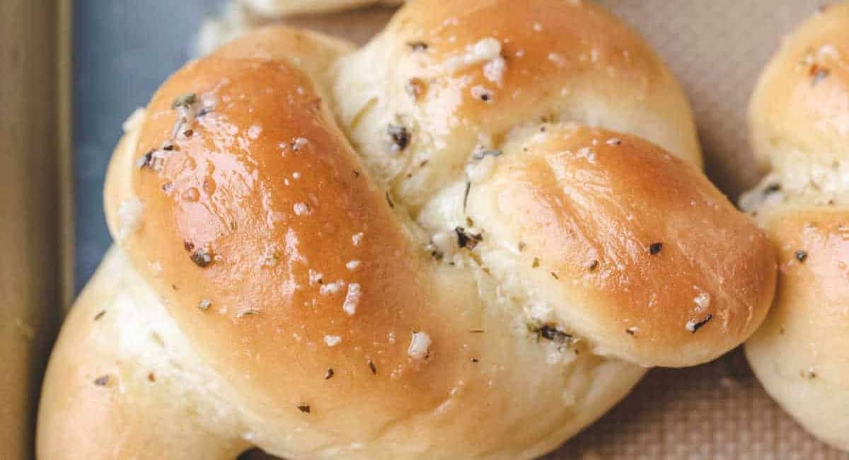 Overhead image of homemade garlic knots. 