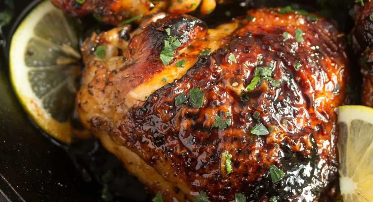 Up close image of honey garlic lemon pepper chicken thights with garnish. 