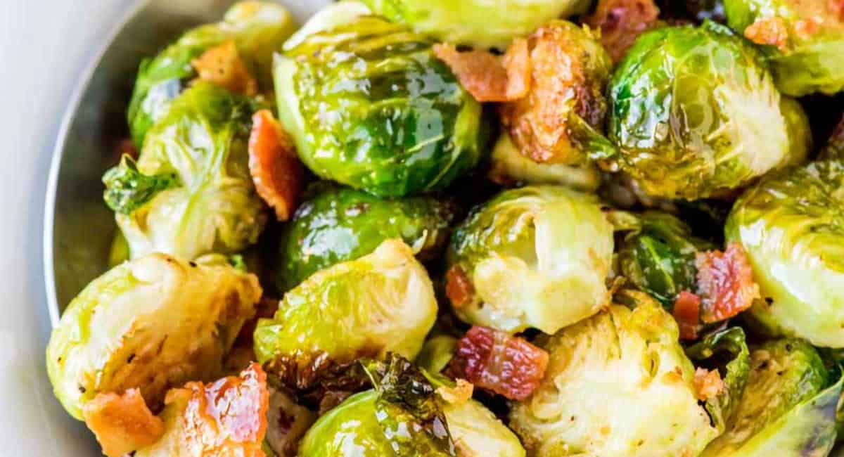 Overhead up close image of maple bacon brussels sprouts. 