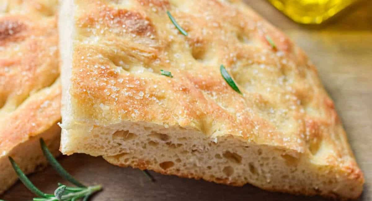 Side profile image of sourdough focaccia. 