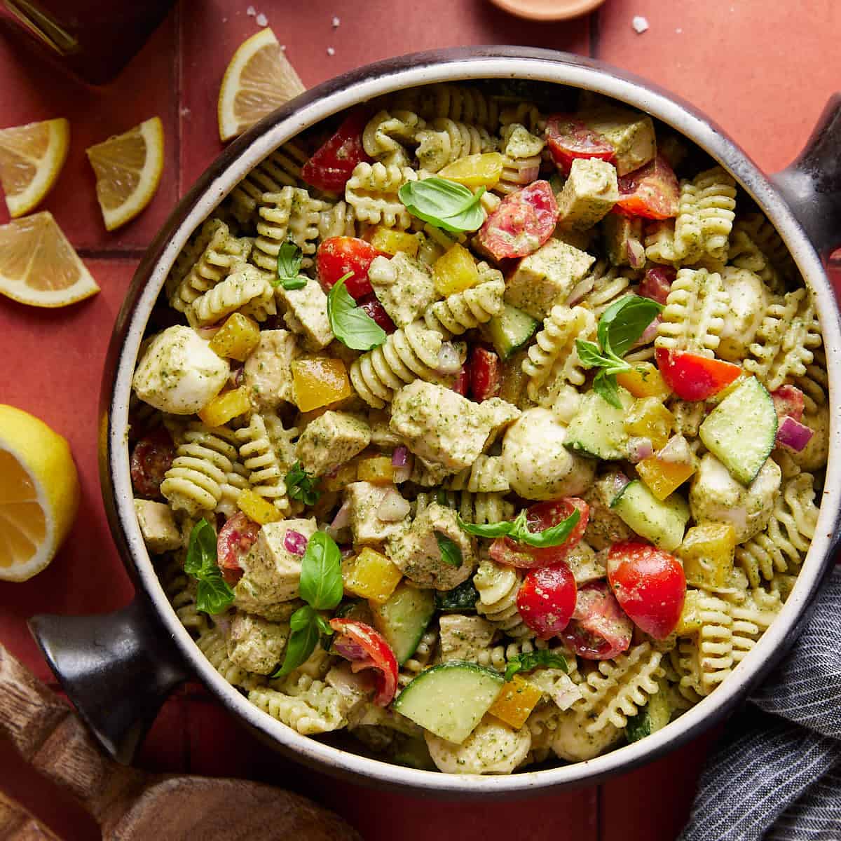 Healthy Chicken Pesto Pasta Salad 