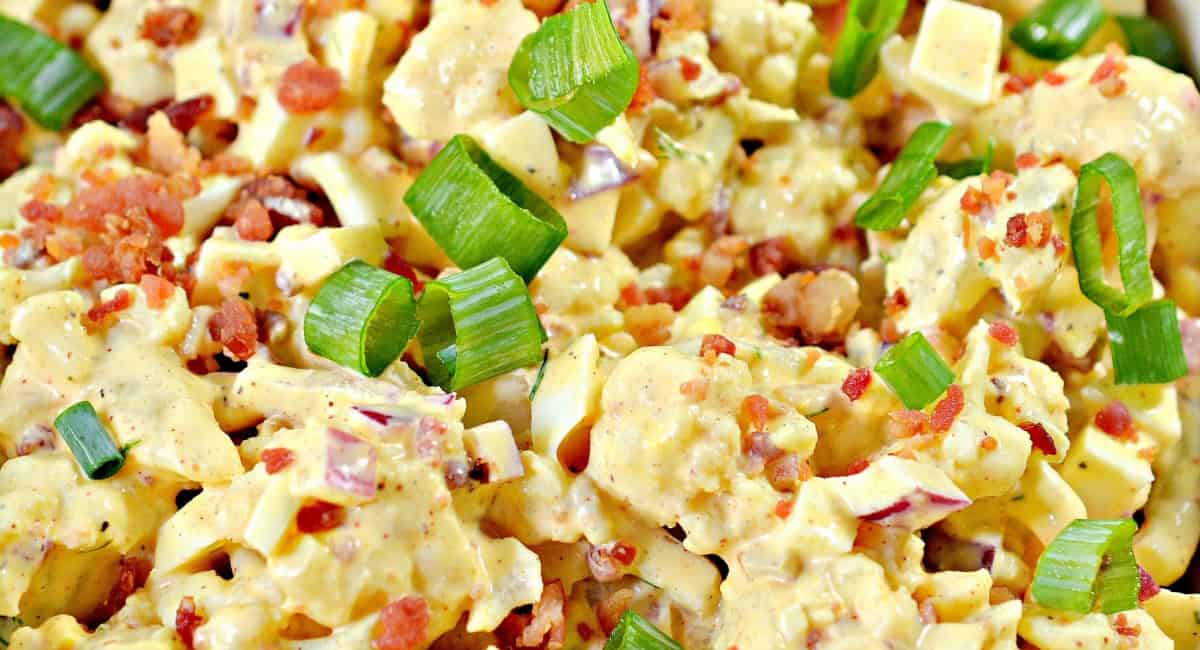 Overhead image of deviled egg cauliflower salad recipe. 