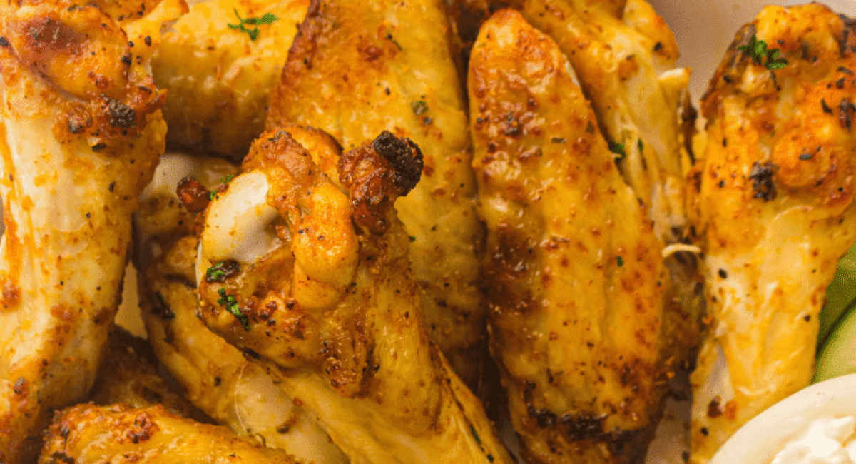 Up close image of air fryer ranch chicken wings. 