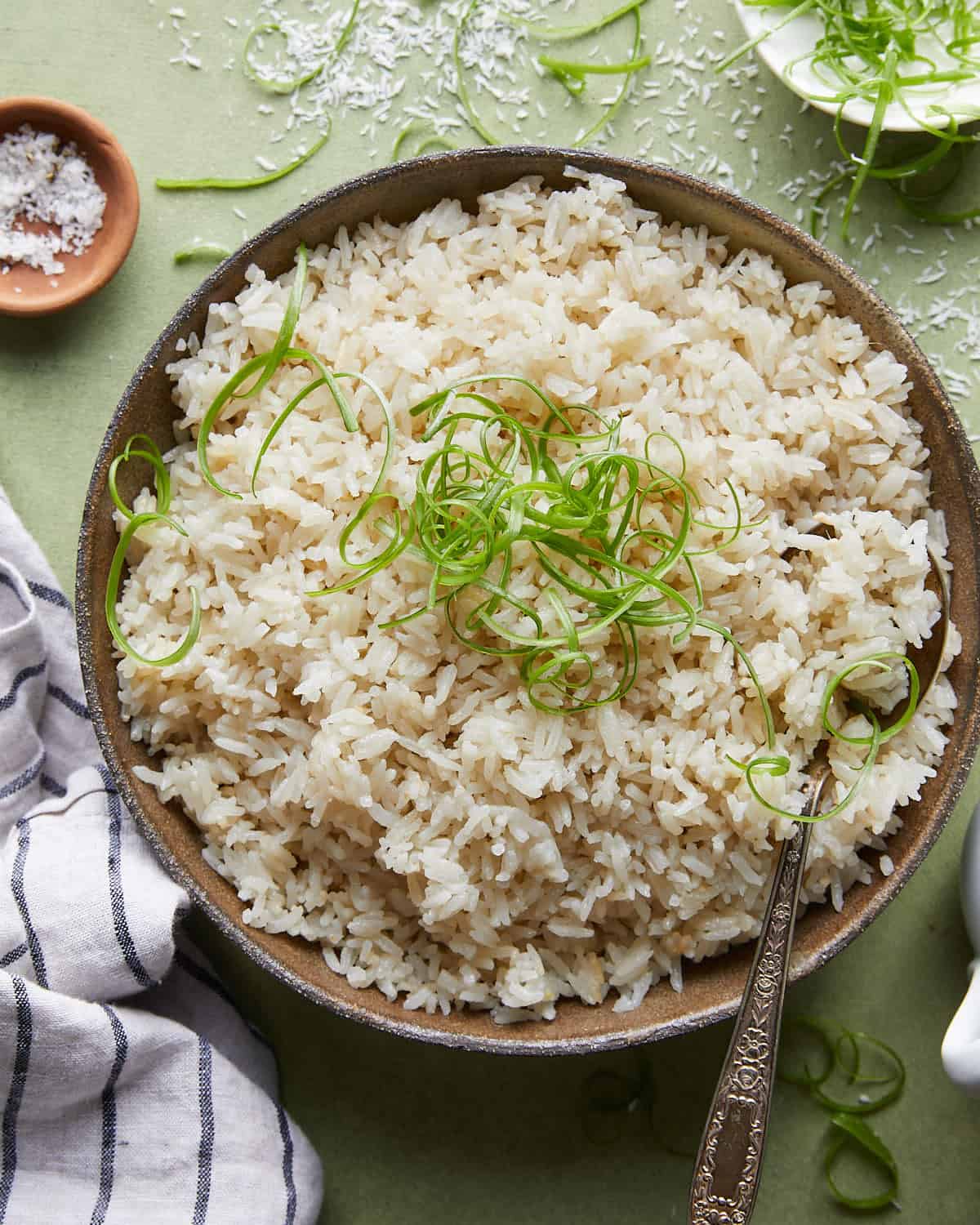 Overhead image of coconut jasmine rice with garnish.