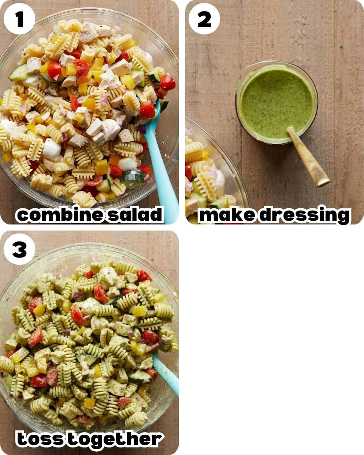 A three image collage showing the steps for chicken pesto pasta salad. 
