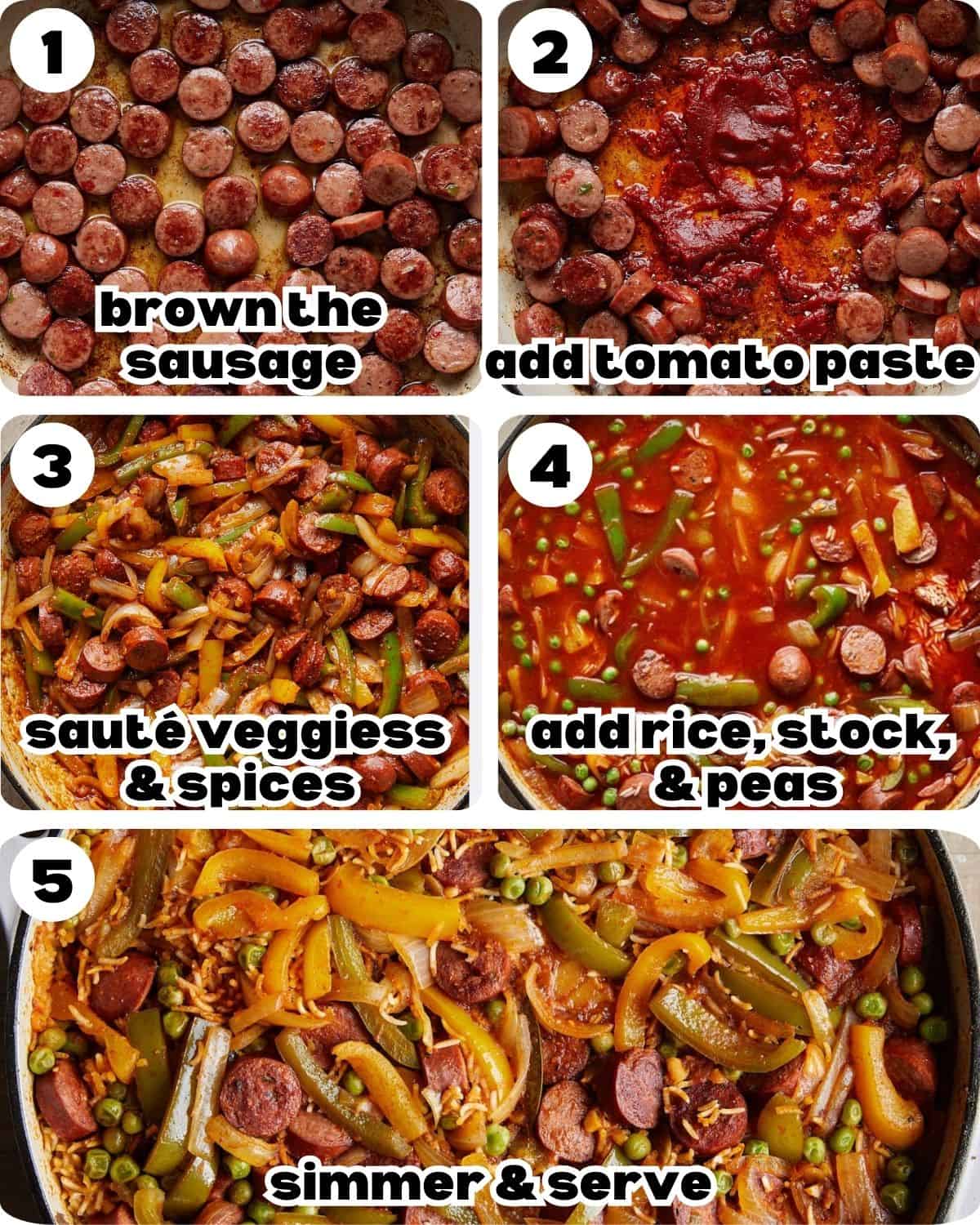 A 5 image collage showing the steps to make chicken sausage and rice. 