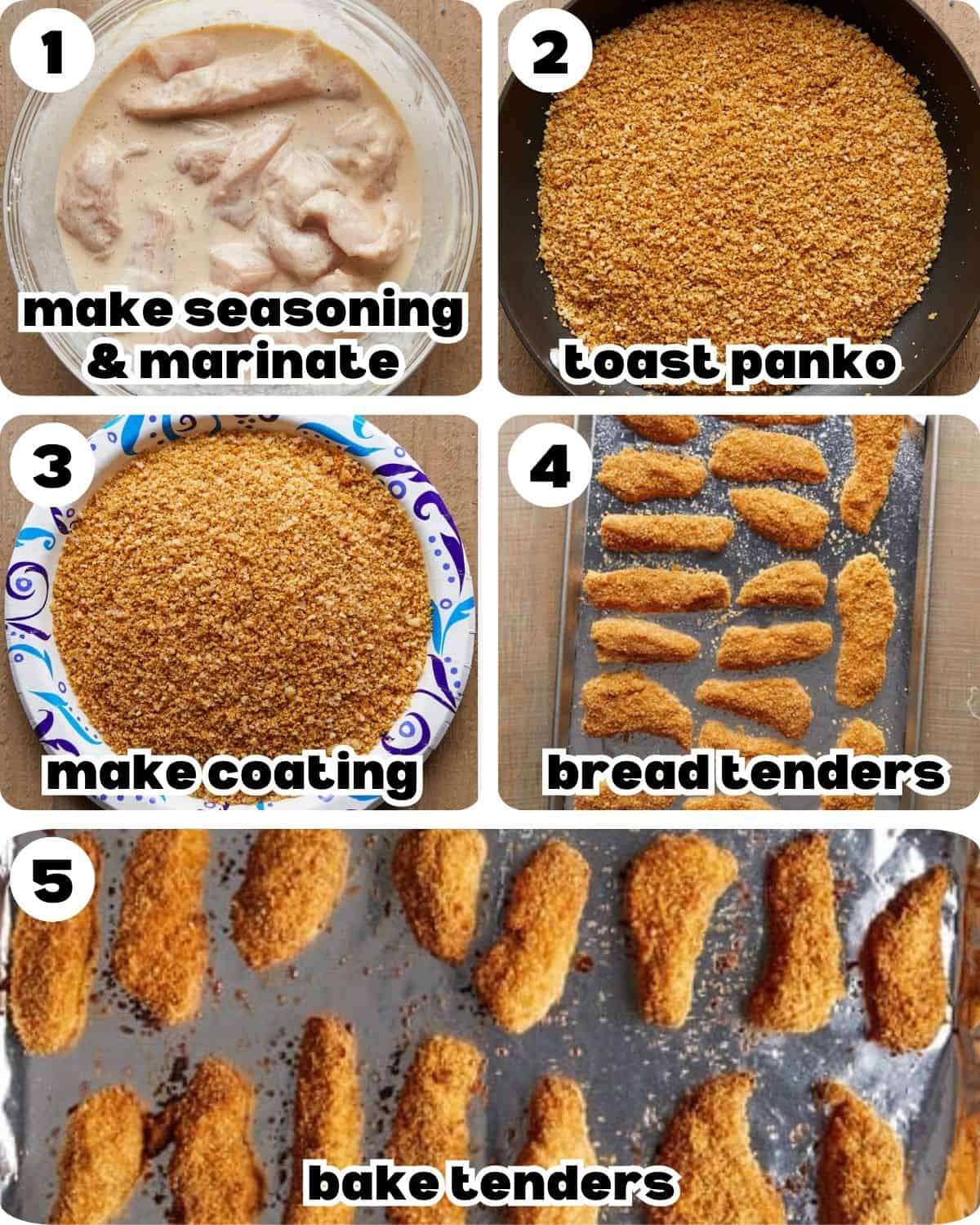 A 5 photo collage showing the steps for crispy chicken tenders. 