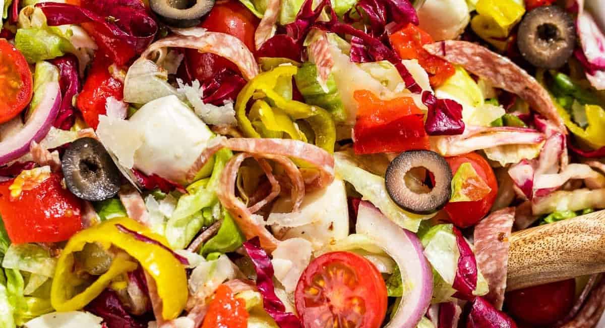 Overhead up close image of Italian chopped salad. 