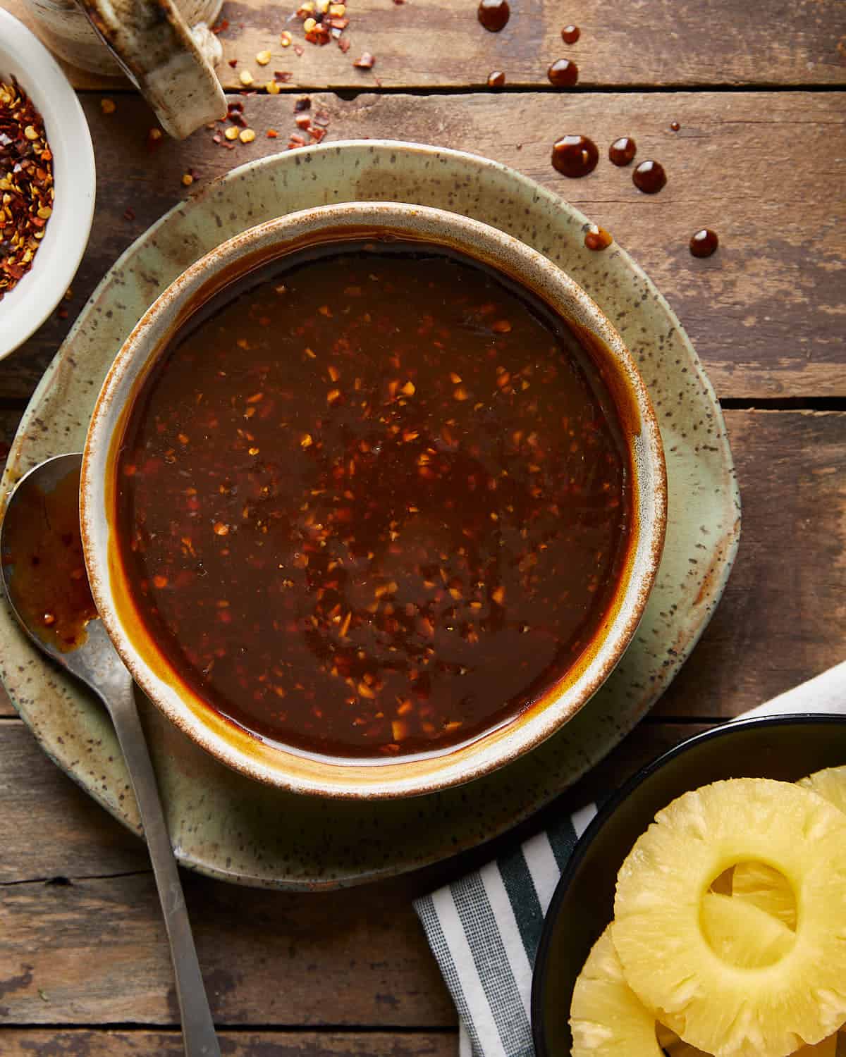 Overhead image of pineapple teriyaki sauce in bowl. 
