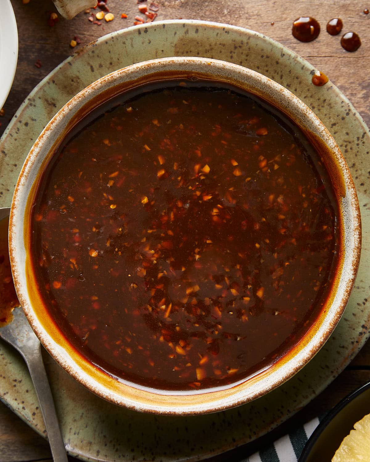 Up close overhead image of pineapple teriyaki sauce in bowl. 