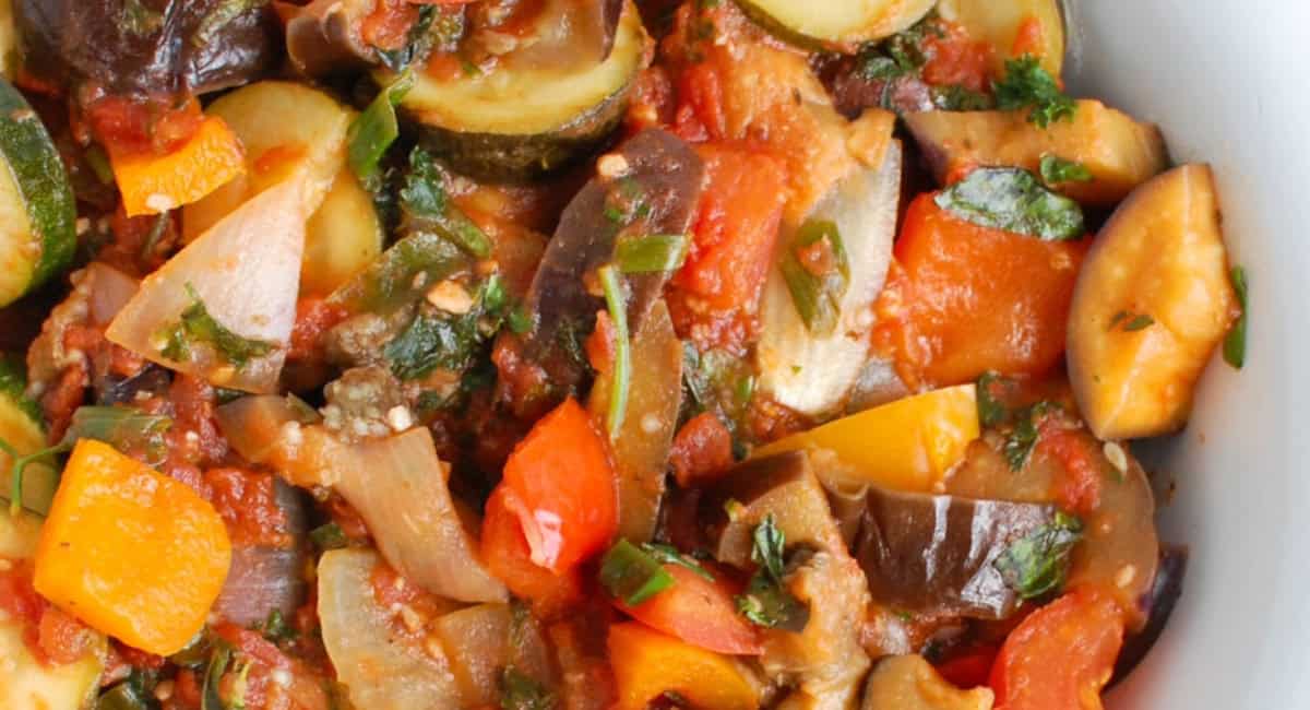 Overhead image of ratatouille recipe. 