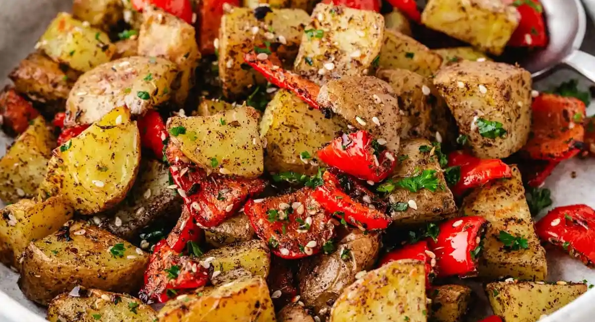 Overhead and up close image of za'atar potatoes with garnish. 