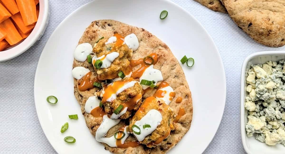 Overhead image of baked buffalo chicken meatballs. 