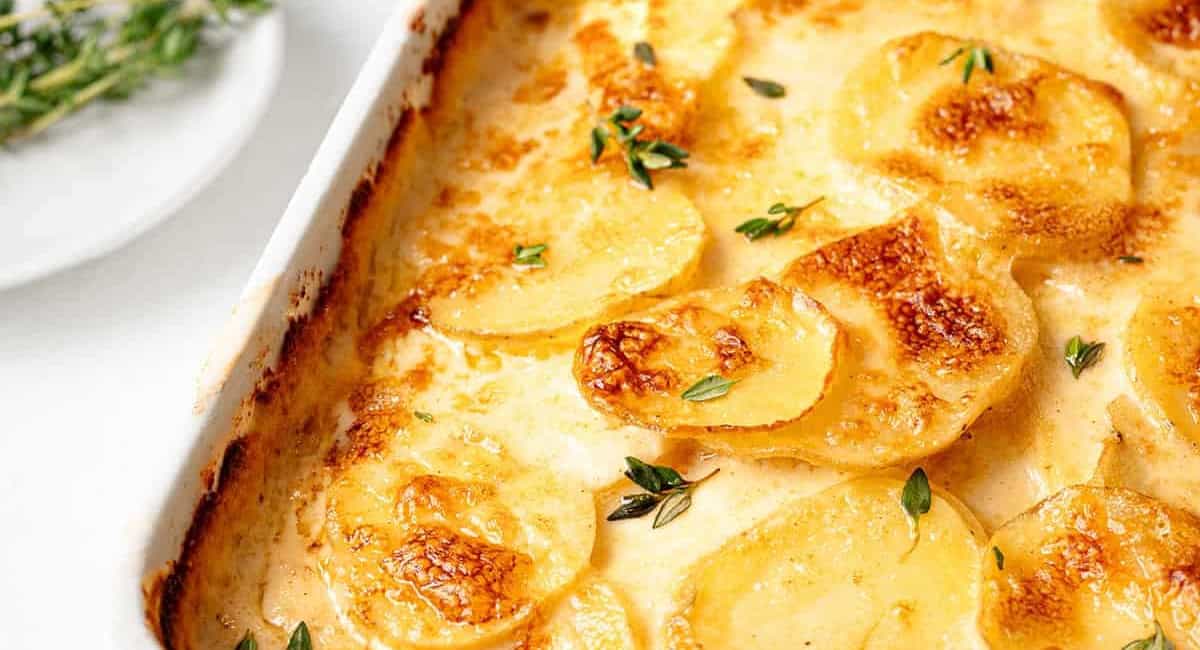 Overhead image of easy cheesy scalloped potatoes. 