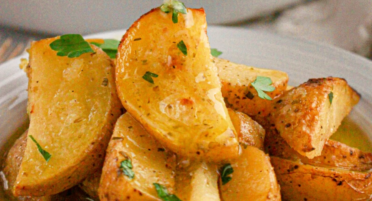 Up close image of Greek lemon potatoes with garnish. 