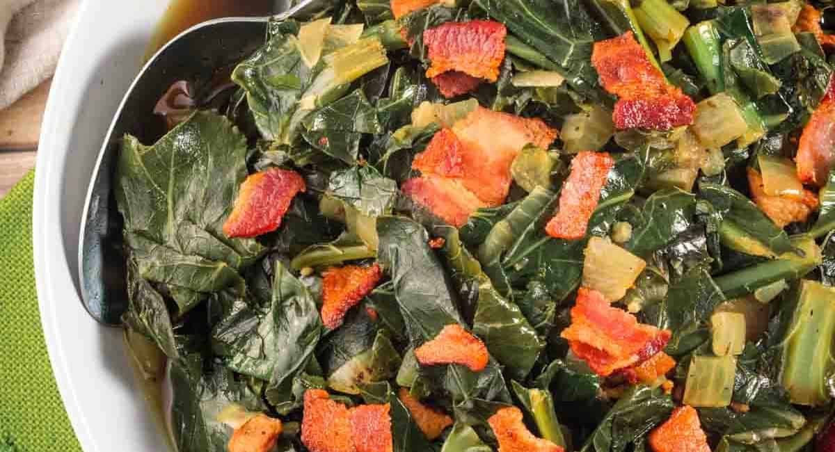 Overhead image of southern braised collard greens with bacon. 