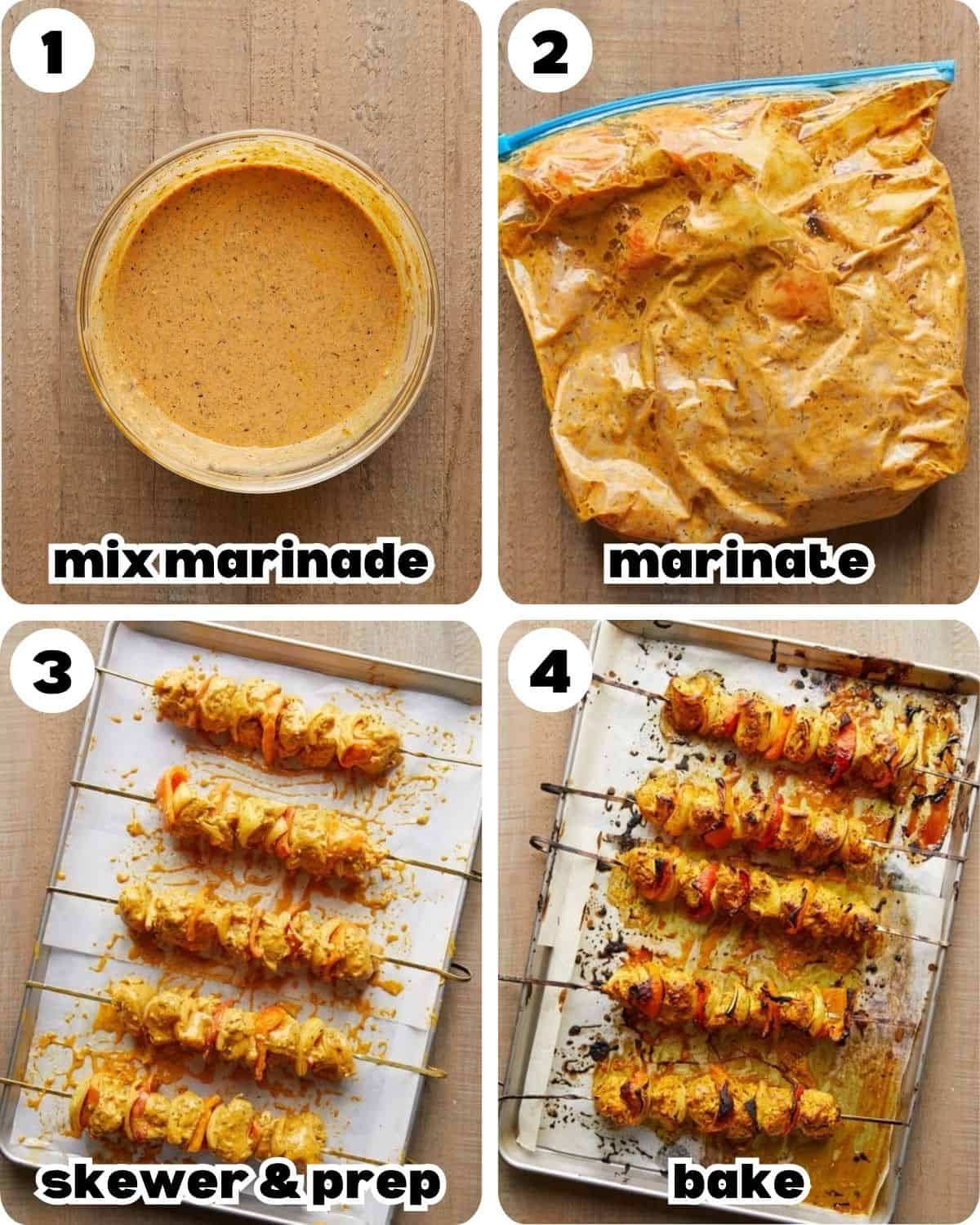 A four photo collage showing the steps for chicken kabobs in the oven. 