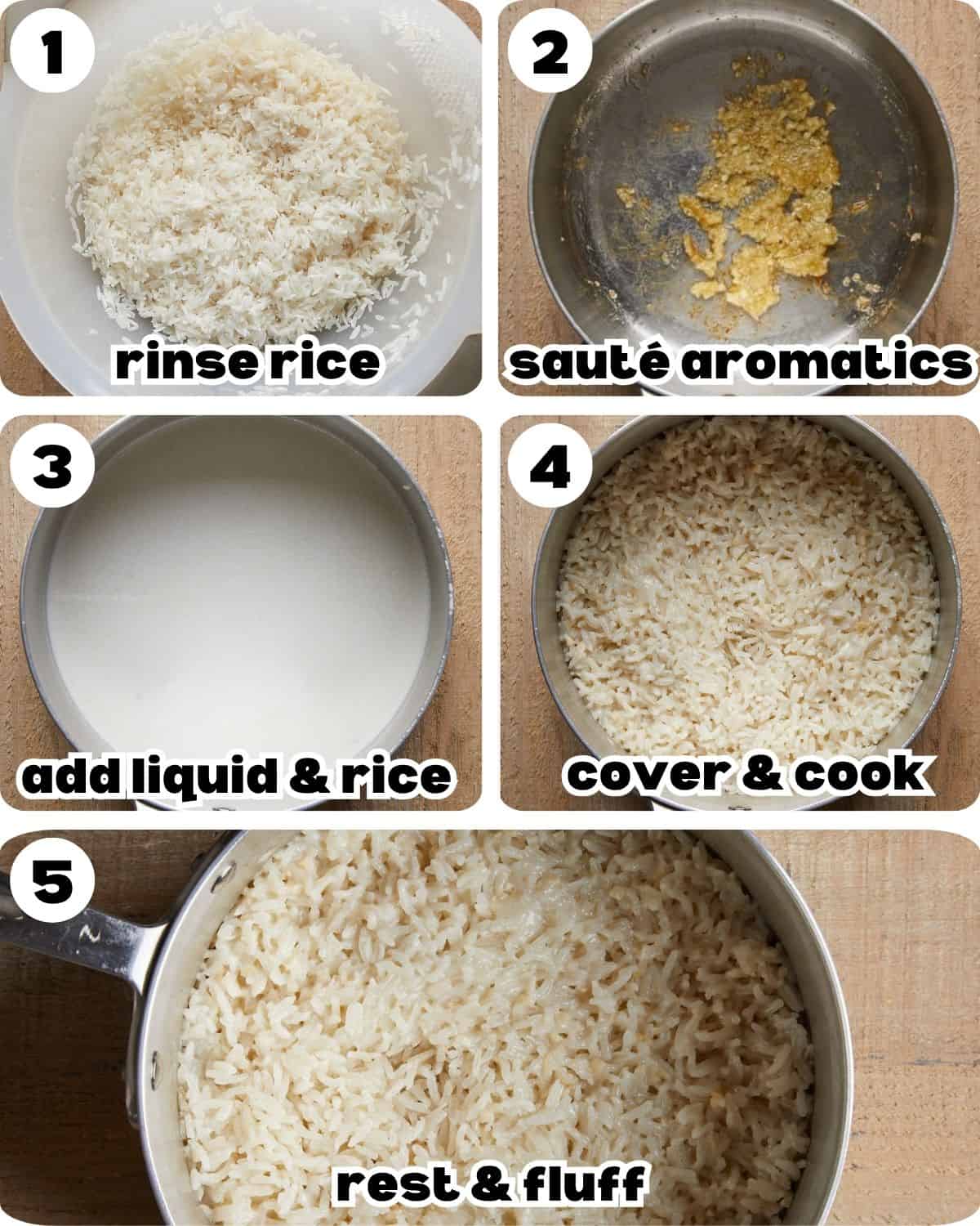 A five photo collage showing the steps for coconut jasmine rice. 