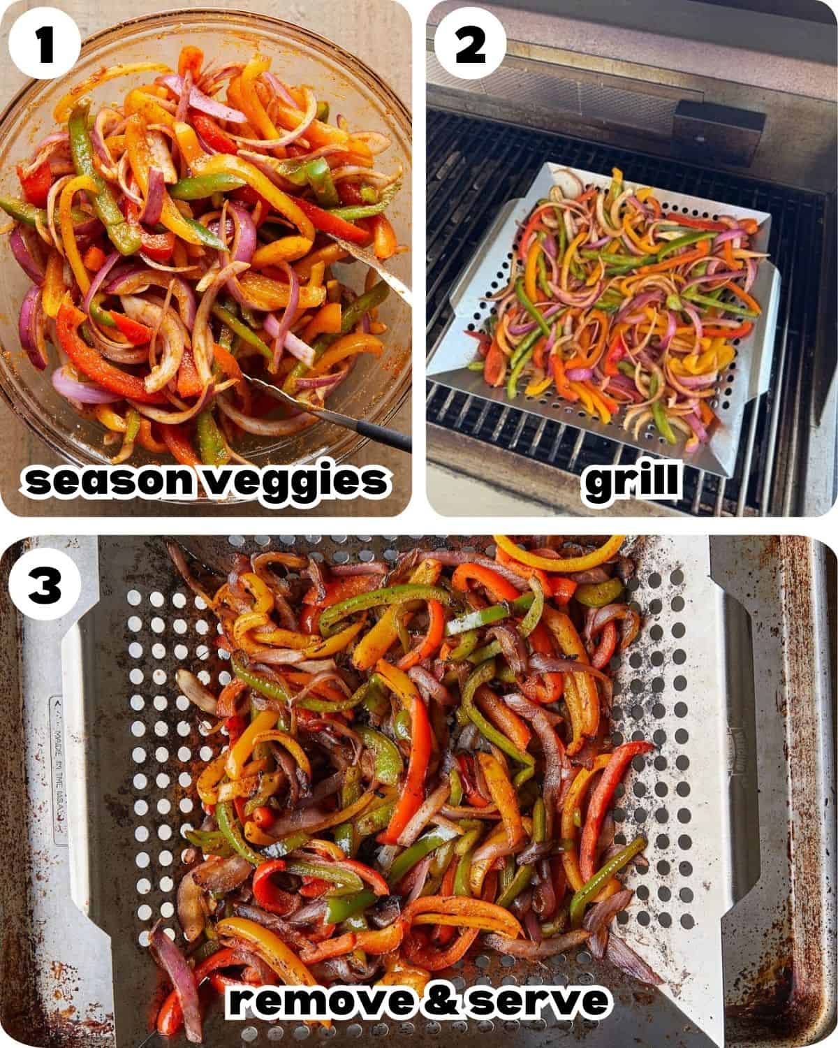 A three photo collage showing the steps for grilled peppers and onions. 