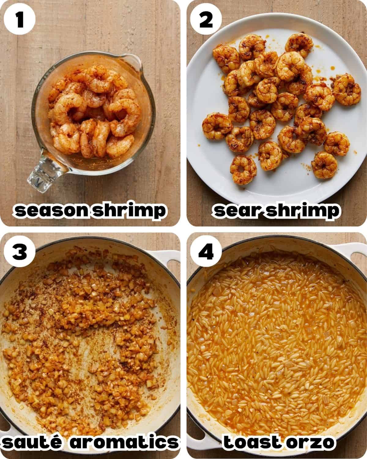 A four image collage showing the beginning steps for shrimp orzo. 