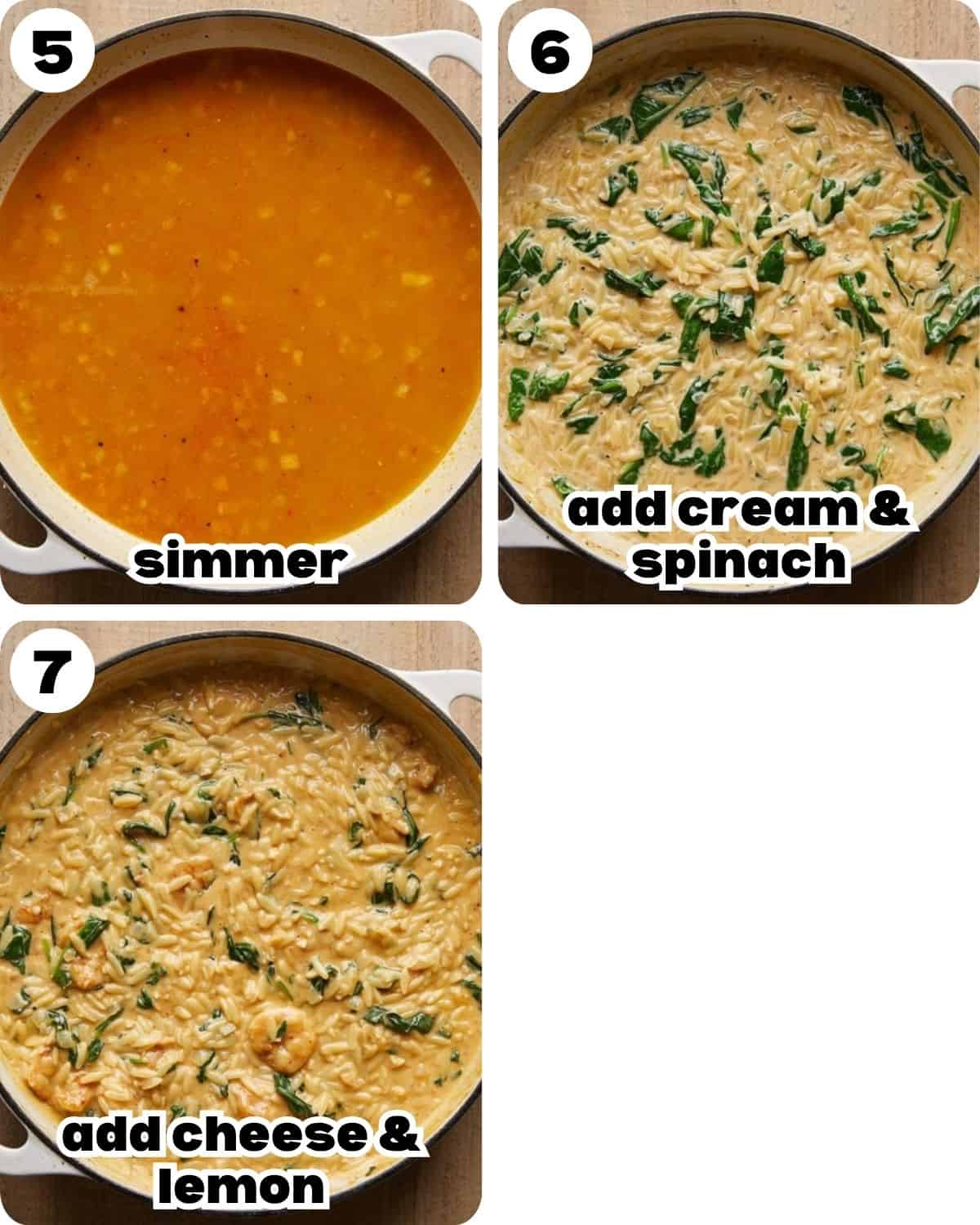 A three photo collage showing the final steps for shrimp orzo. 