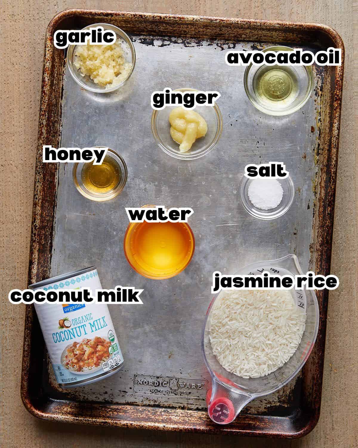 Overhead image of ingredients needed to make coconut jasmine rice. 