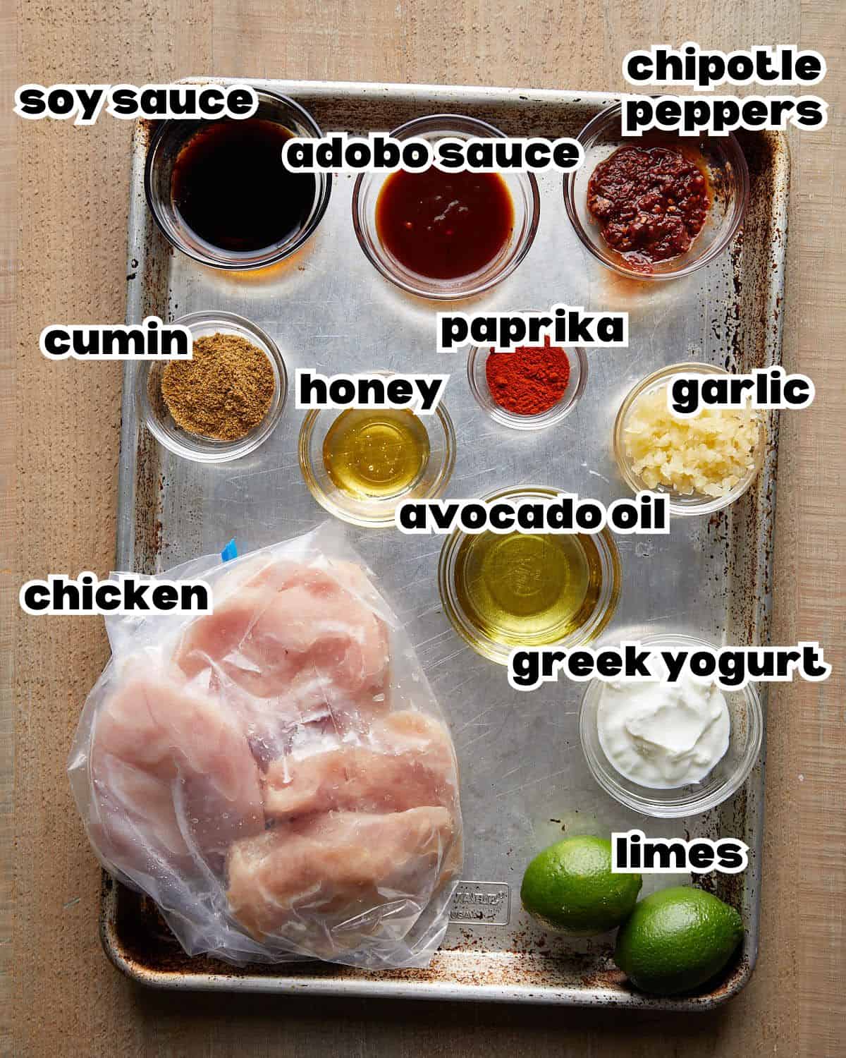 Overhead image of ingredients needed to make grilled chicken fajitas. 