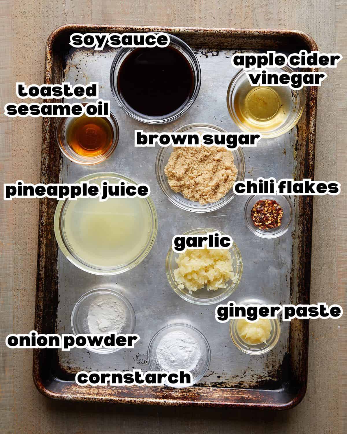 Overhead image of ingredients needed to make pineapple teriyaki sauce. 