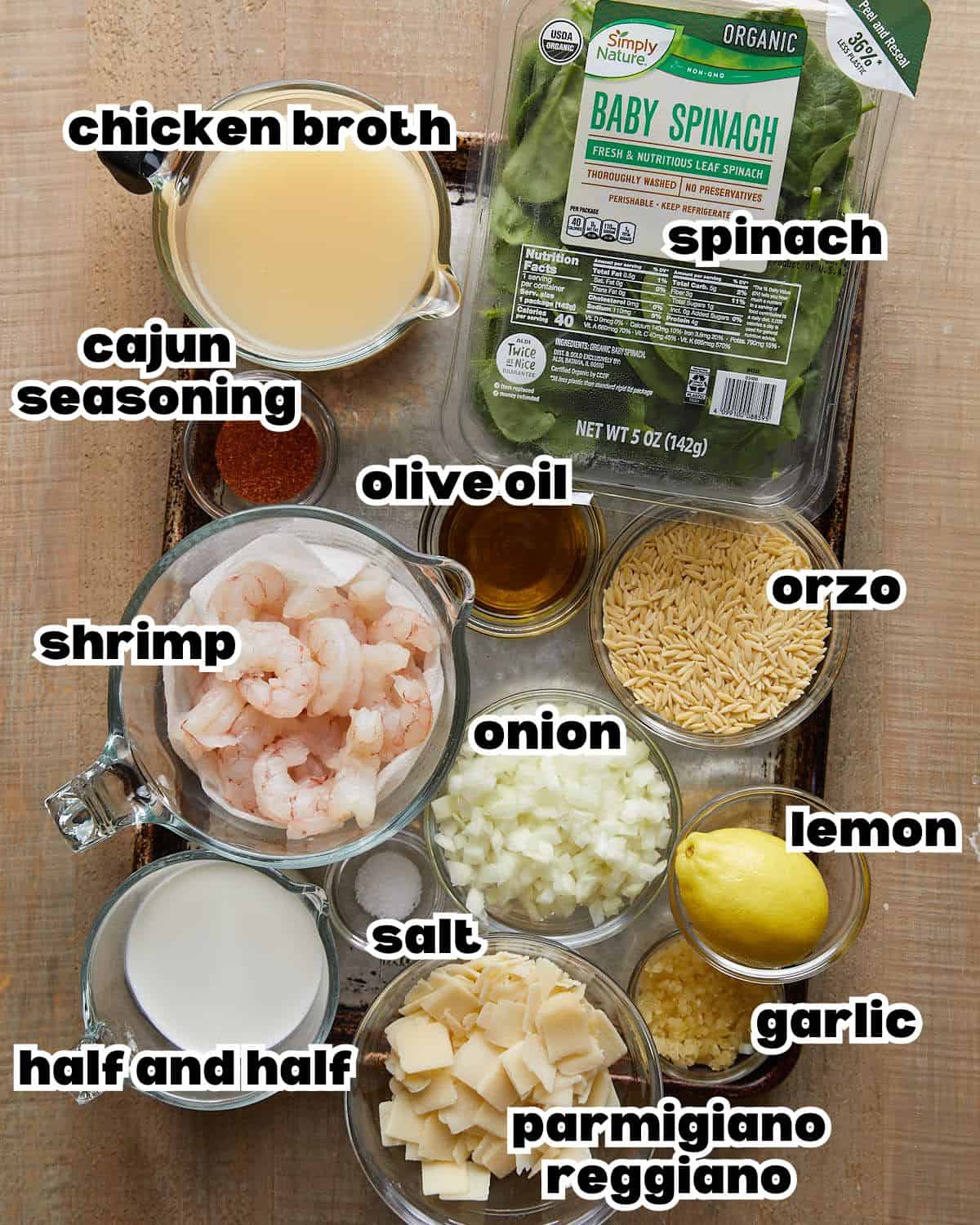 Overhead image of ingredients needed to make shrimp orzo. 