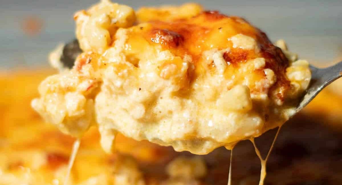 Up close image of southern baked mac and cheese. 