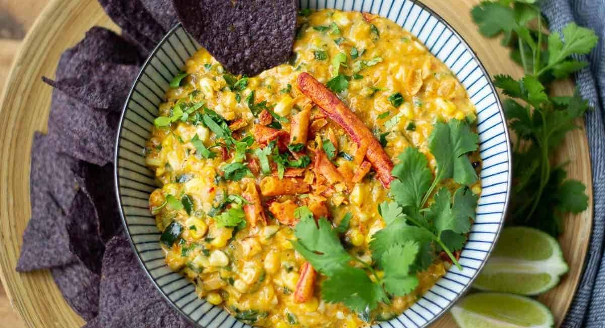 Overhead image of smoky grilled corn dip with poblano peppers.