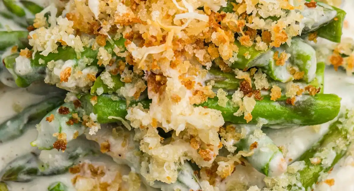 Up close image of asparagus casserole. 