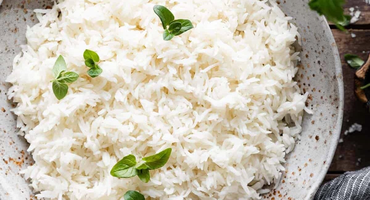 Overhead image of instant pot basmati rice in bowl. 