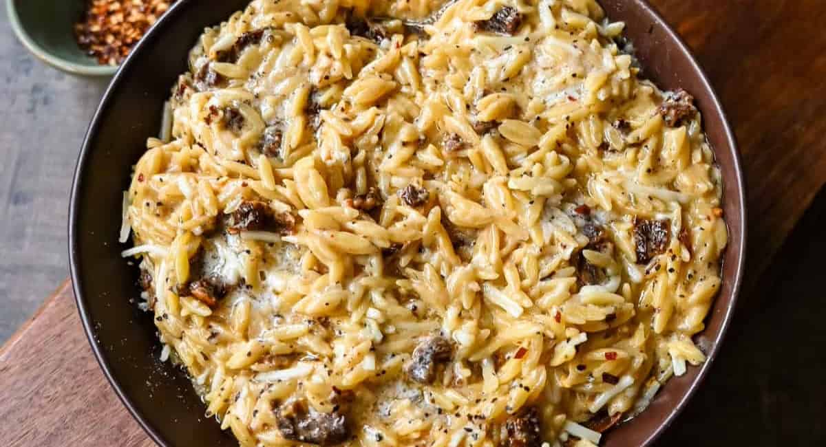 Overhead image of Boursin cheese sundried tomato orzo in brown bowl. 
