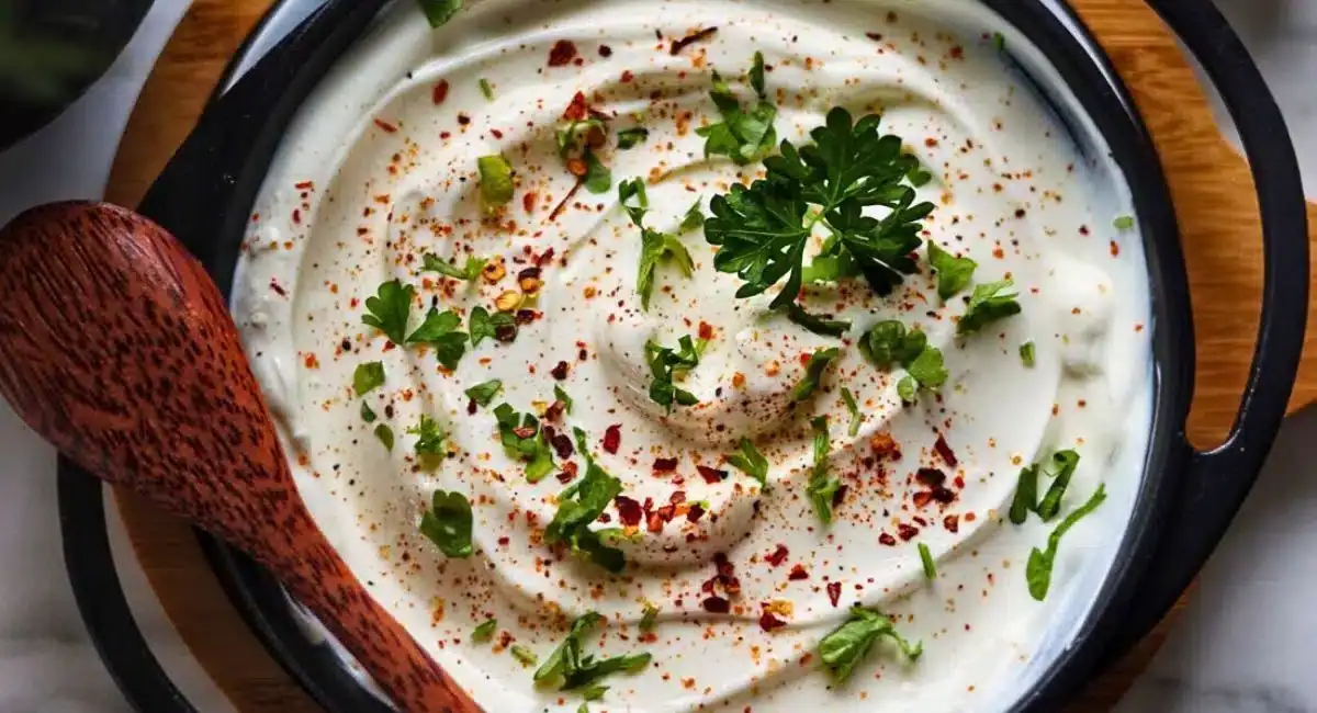 Overhead image of garlic yogurt sauce with garnish in bowl with wooden spoon. 
