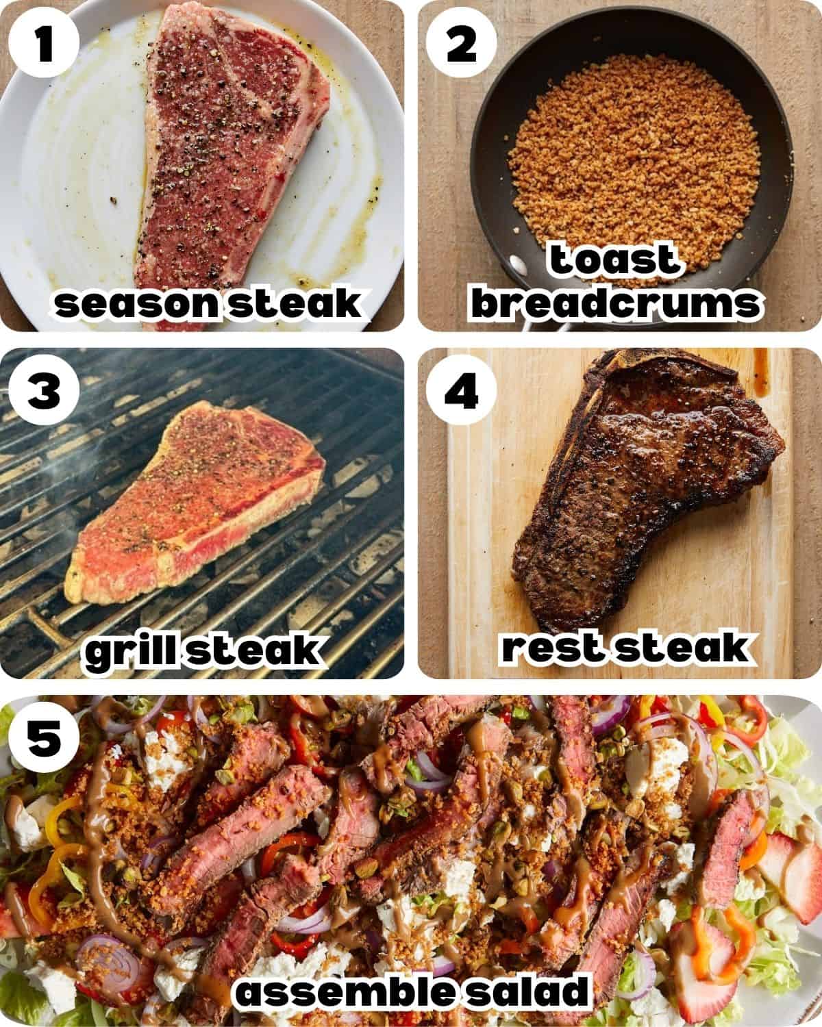 A five photo collage showing the steps for steak salad. 