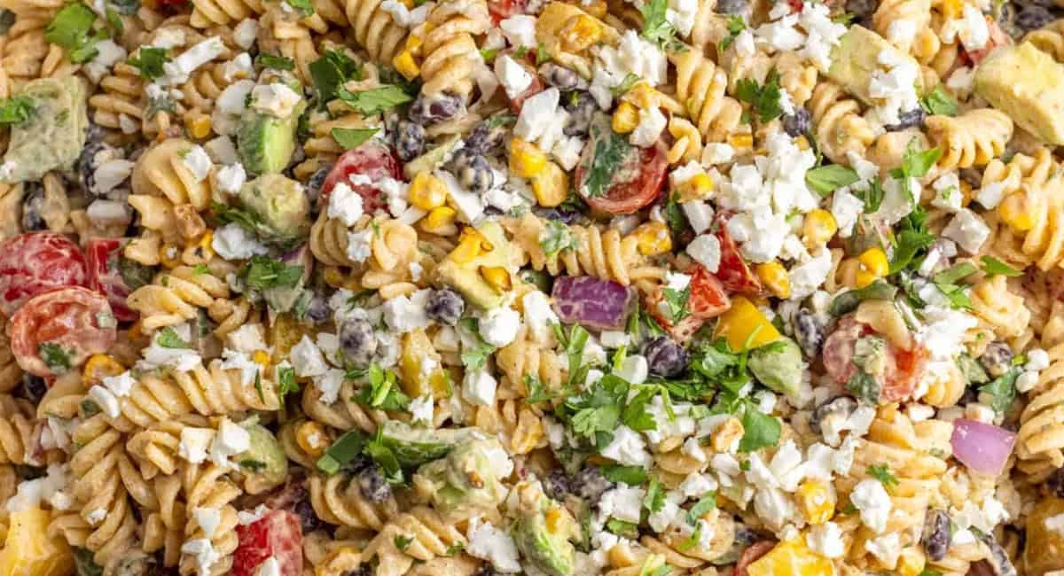 Overhead up close image of Mexican pasta salad. 